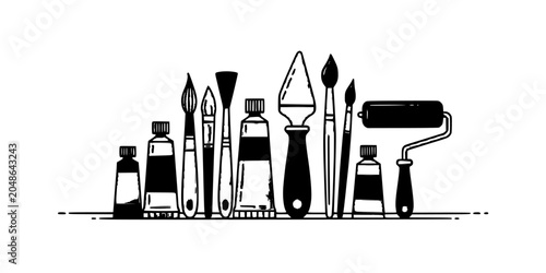 Paintbrushes and Painting Tools Arranged on a Shelf Featuring Art Supplies, Brushes, Palette Knives with Paint Rollers and Art Elements