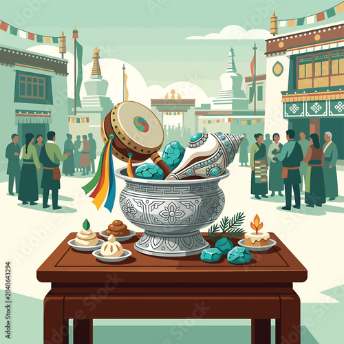 Картината върху платно Tibetan Buddhist ritual offerings and drum.