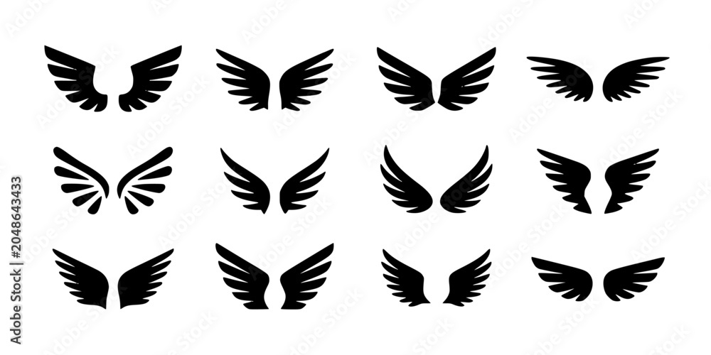 Obraz premium Wings in Various Symmetrical Designs and Styles Featuring Black, Silhouette, Graphic with Vector and Art Elements for Illustration Projects, Clean