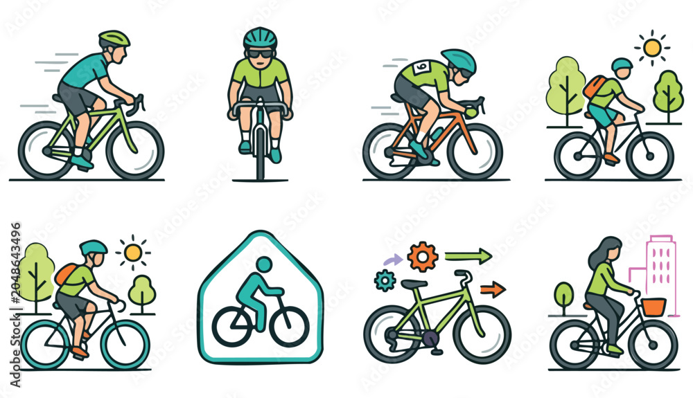 Naklejka premium Bicycle with man icon set. Person riding a bike vector illustration. Bicyclist symbol. Bike race sign. Active lifestyle bicycle outline concept.