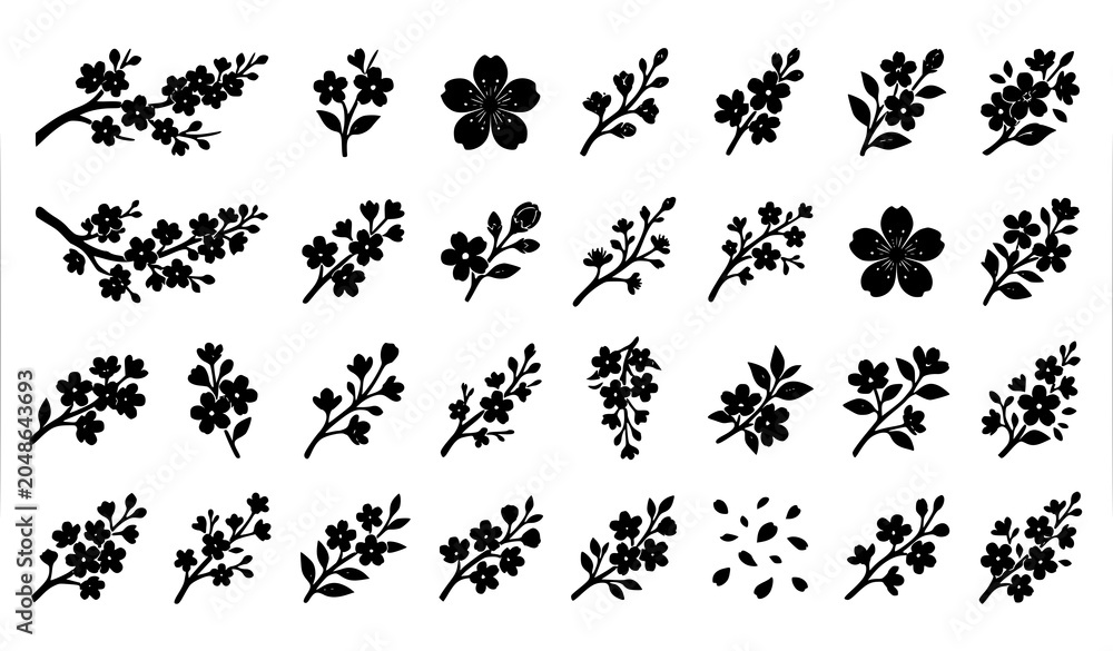Obraz premium Set of small delicate floral branch silhouettes isolated on white background vector