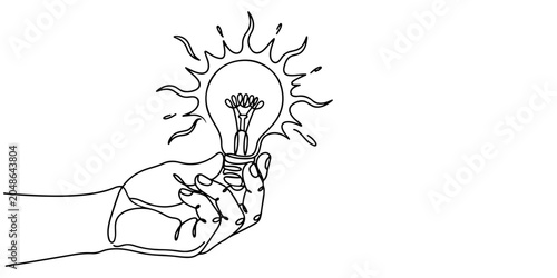 Foto Hand holding a glowing light bulb symbolizing startup innovation, creativity, and entrepreneurial ideas, line art style vector illustration