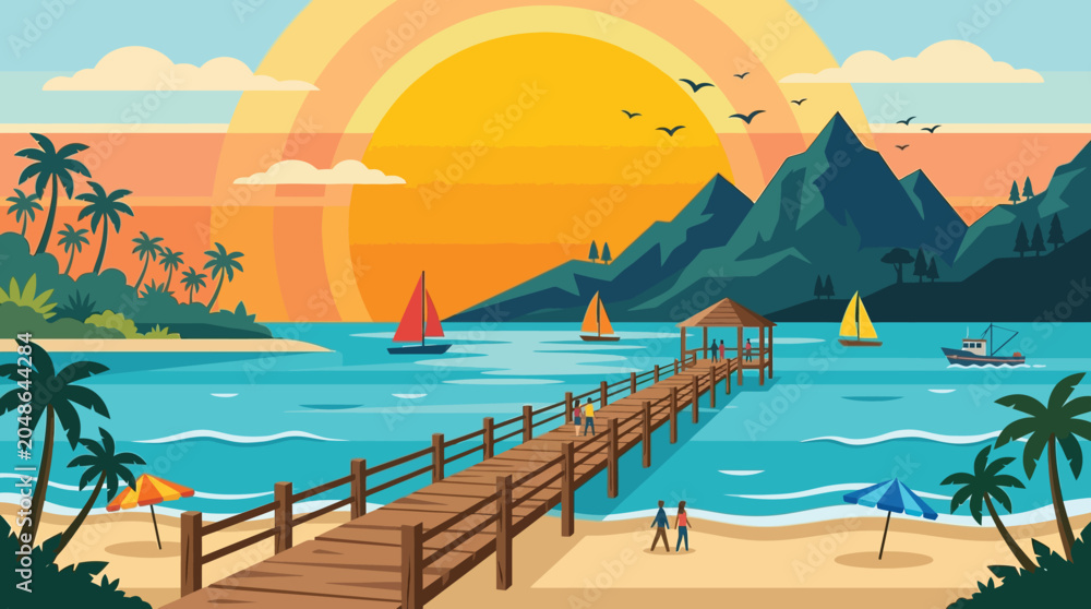 Naklejka premium Vibrant tropical sunset over a peaceful beach, featuring a long wooden pier, serene ocean, swaying palm trees, majestic mountains, and a colorful sky with a rainbow