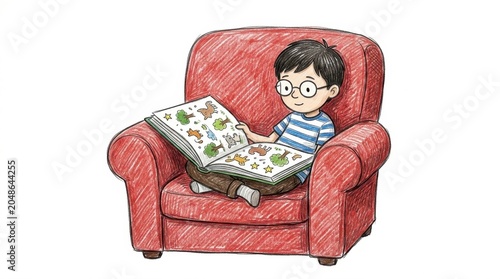 A young schoolchild with glasses sitting comfortably in a large cozy armchair, completely absorbed in reading an open picture book.