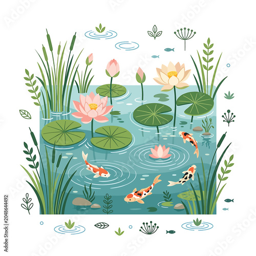 Fotografía Koi Fish Swimming Pond Water Lilies.