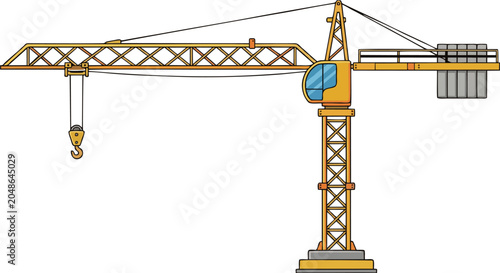Fotografi Yellow Tower Crane with Operator Cabin and Counterweight Flat Design Vector Illu