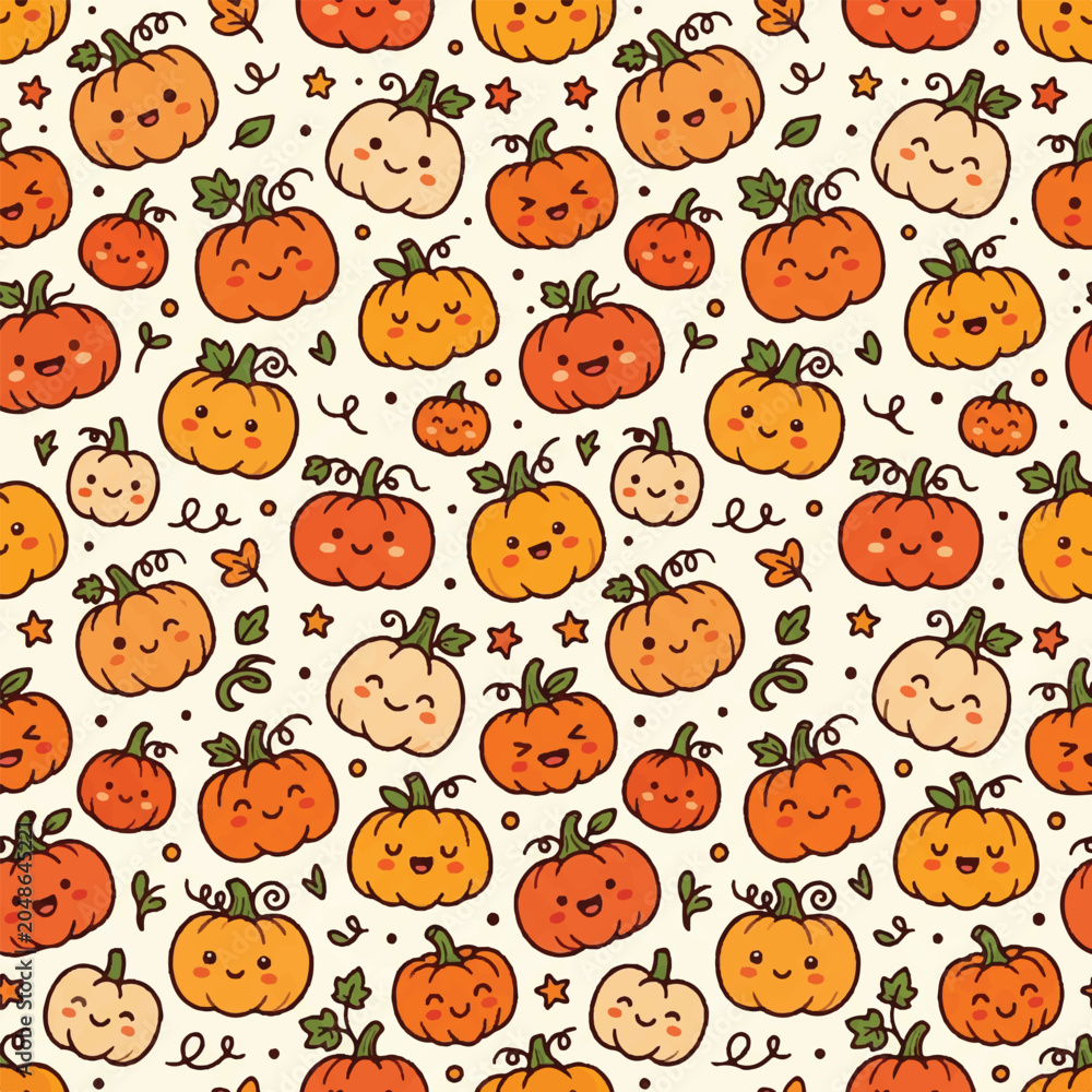 Fototapeta premium Modern, minimalist, futuristic AI-inspired seamless pattern of charming cartoon pumpkins and leaves, capturing a vibrant 2026 autumn aesthetic, perfect for design
