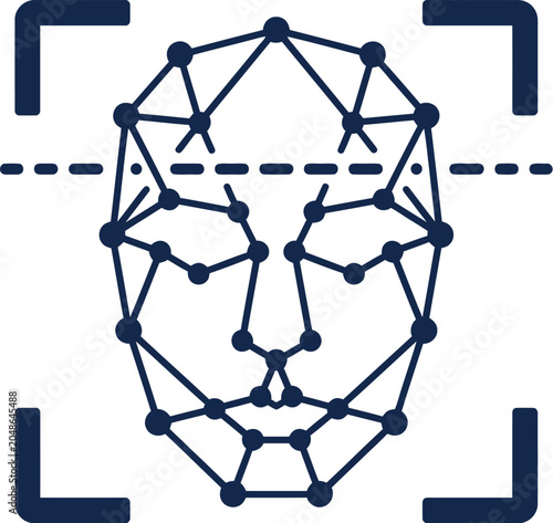 Digital facial recognition system scanning human face for biometric identity verification and security access. Conceptual representation of personal data authentication technology