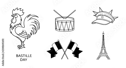 Slika na platnu Bastille Day Icons: Rooster, Drum, French Flags, Eiffel Tower, Cap