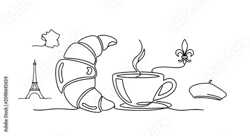 Foto Parisian Breakfast Line Art: Croissant, Coffee, Eiffel Tower, Beret, Fleur-de-li