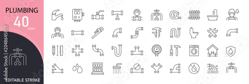 Foto Plumbing icons set representing pipes, water systems, maintenance, repair services, drainage and plumbing equipment