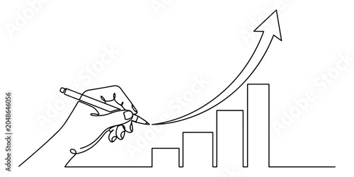 Quadro su tela The hand drawing an upward curve with a pen symbolizing strategy, planning, and business growth, line art style vector illustration