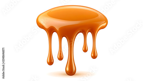 Isolated flowing caramel sauce with drips on a white background, sweet confectionary liquid