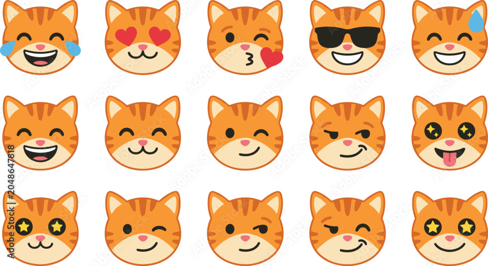 Fototapeta premium Cute Cat Emoji Face Collection Featuring Happy, Love, Cool, Winking, Laughing, and Funny Cartoon Expression Icons for Messaging