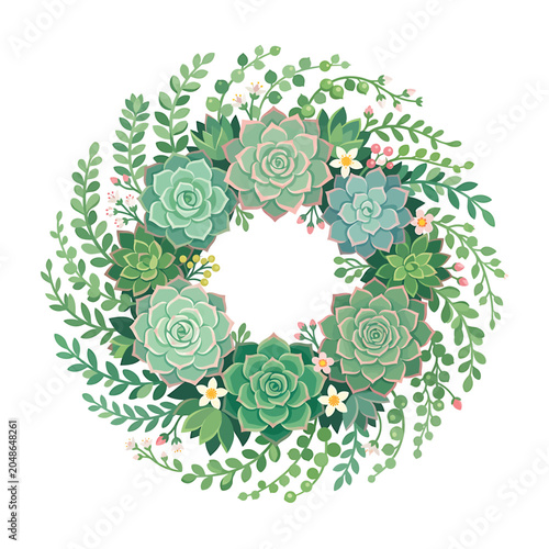 Bilde på lerret Succulent plants in a green wreath.