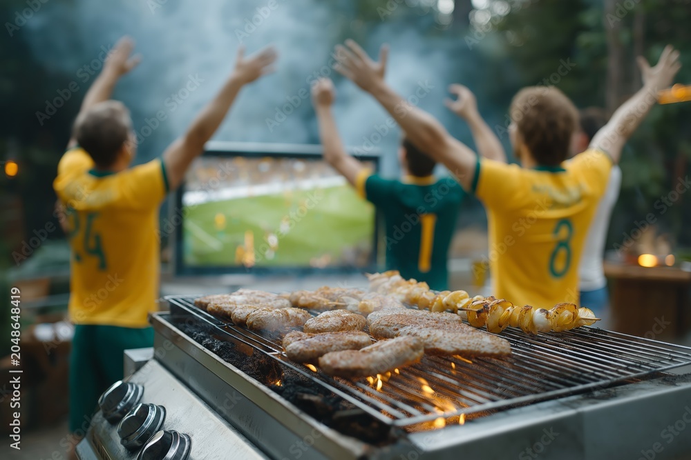 Naklejka premium Outdoor barbecue grilling with friends enjoying soccer match on television celebrating with raised arms in backyard garden party