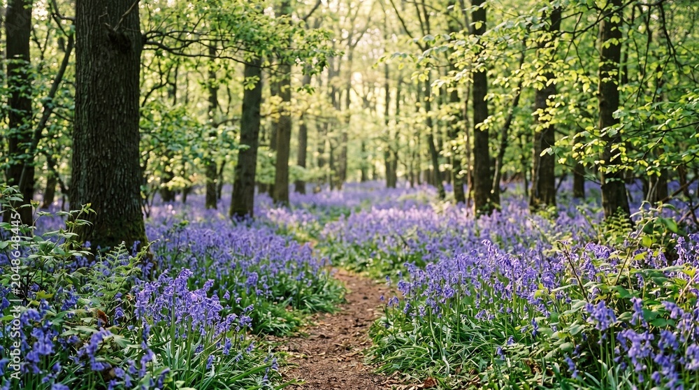 Fototapeta premium A serene forest path winds through vibrant purple flowers and green trees.