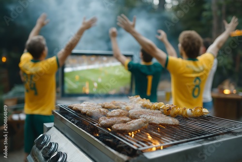 Outdoor barbecue grilling with friends enjoying soccer match on television celebrating with raised arms in backyard garden party