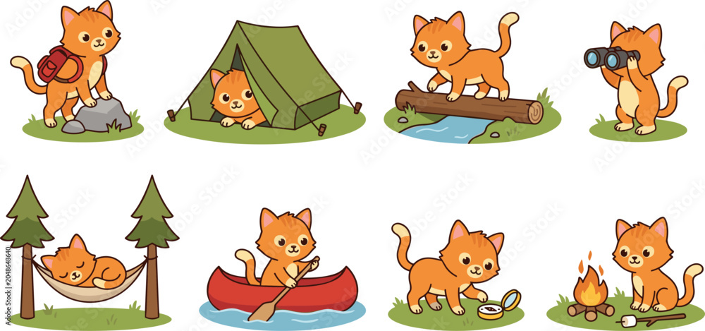 Naklejka premium Cute Camping Cat Sticker Collection Featuring Outdoor Adventure, Tent Camping, Canoeing, Hiking, Wildlife Exploration, Campfire Activities, and Nature Discovery
