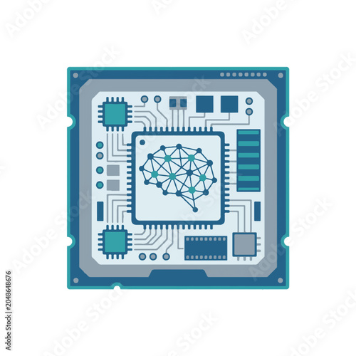 Artificial intelligence CPU processor vector, digital brain neural network on microchip, blue electronic hardware component for machine learning