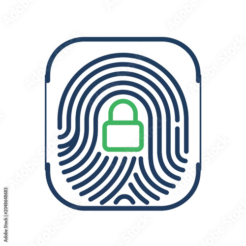 Biometric fingerprint security icon with green padlock, digital identity verification symbol, cyber safety and data protection vector illustration