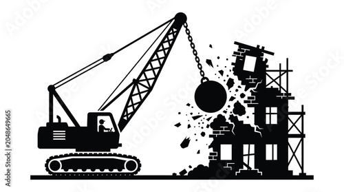 Bild auf Leinwand Construction Crane Demolishing Building Silhouette demolition wrecking structure