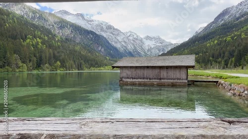 Wooden boathouse on the Jagersee Lake, Kleinarler Valley, Radstadter Tauern, province of Salzburg, Austria	