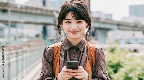 都市でスマホを持つ笑顔の女性