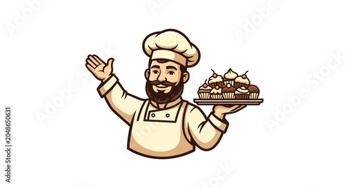 Professional chef holding a tray of delicious cupcakes, showcasing baking expertise and culinary delight in a charming illustration