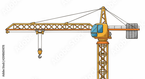 Foto Yellow Tower Crane with Blue Operator Cabin Counterweight and Hook Flat Design V
