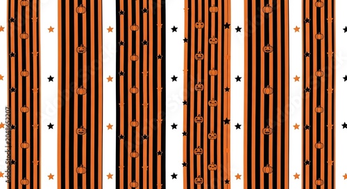 Halloween festive striped pattern, orange and black vertical stripes with pumpkin and star icons, spooky holiday background for gift wrap