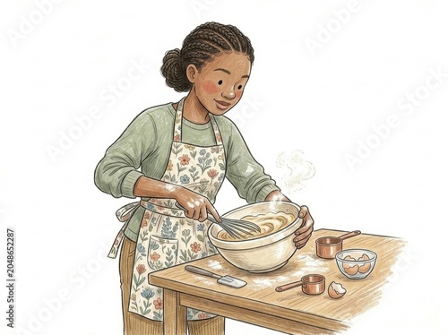 A smiling student wearing a floral apron standing at a wooden kitchen counter, using a whisk to blend ingredients in a mixing bowl during a cooking class.