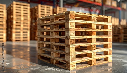 Wooden pallet stacked in empty in the warehouse.