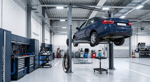 Raised car on a workshop lift with service equipment as raised car detail for auto service and vehicle inspection in a garage