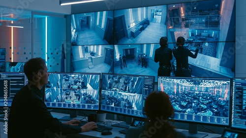 Dramatic casino security surveillance room, multiple screens showing casino floor, blue tinted lighting