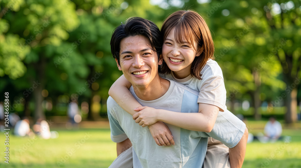 Obraz premium 公園で女性をおんぶする男性 笑顔で寄り添うカップル