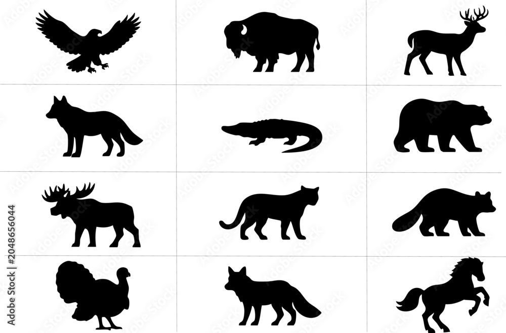 Fototapeta premium Set of wild animals silhouette vector collection featuring North American wildlife isolated on white background