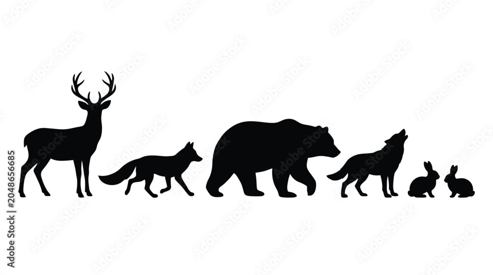 Fototapeta premium Black silhouettes of deer, fox, bear, wolf howling, and two rabbits on white background
