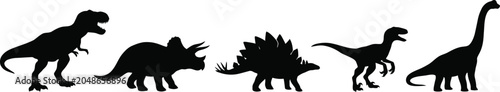 Photos Black silhouettes of five distinct dinosaur species, including tyrannosaurus rex