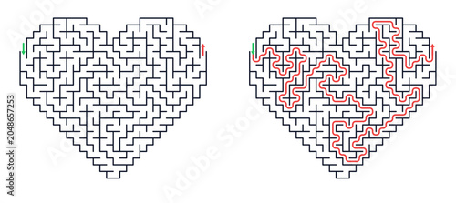 Heart-shaped maze with path highlighted in red on white background  