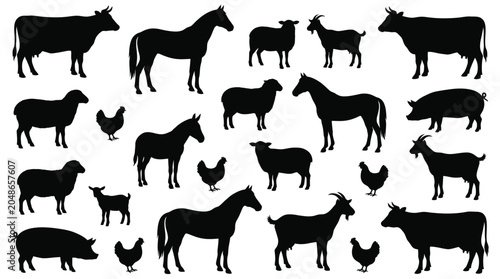 Fotografia Collection of black farm animal silhouettes including cows, horses, sheep, pigs,