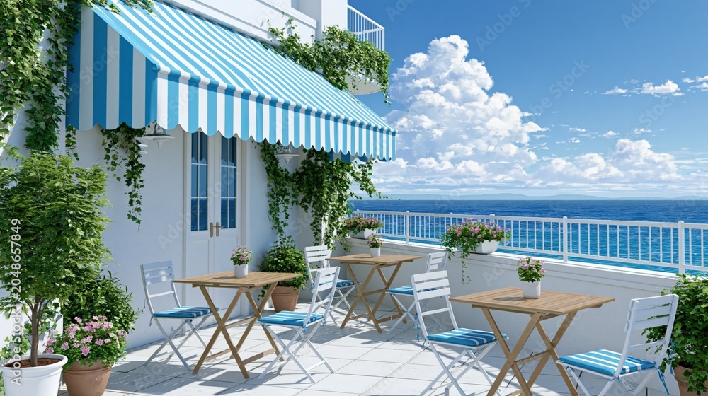 Fototapeta premium Charming coastal cafe terrace with striped awning, ocean view, and bright blue sky