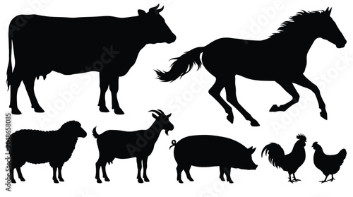 Schilderij op canvas Collection of black farm animal silhouettes, cow, horse, sheep, goat, pig, roost