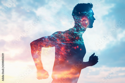 Digital overlay of person running illustrating fitness tracking sport activity in the modern connected digital world generative ai
