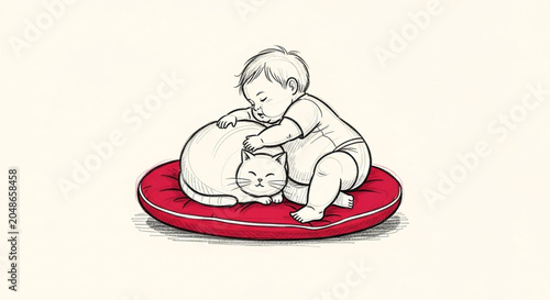 Toddler playing affectionately with large cat illustration.