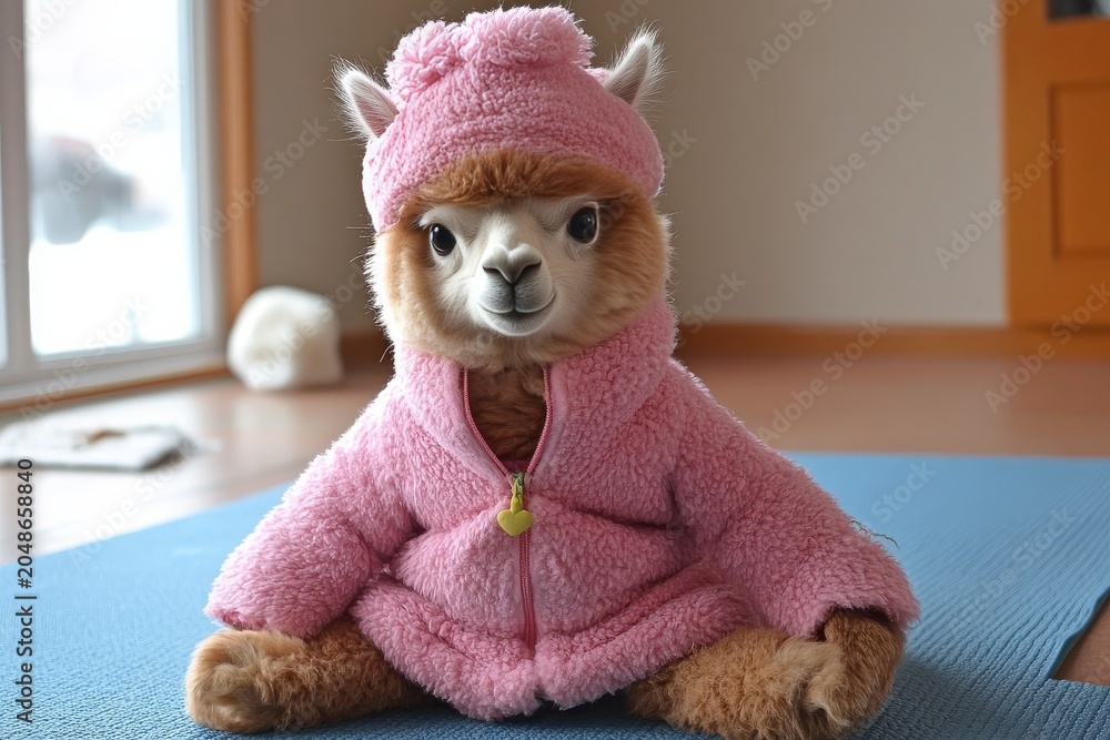 Fototapeta premium alpaca wearing yoga instructor gear holding mat fitness studio concept