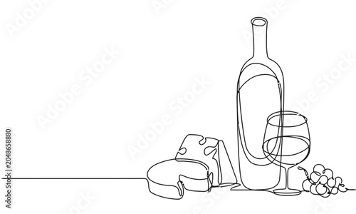 Continuous Line Drawing of Wine Bottle Glass Cheese and Grapes
