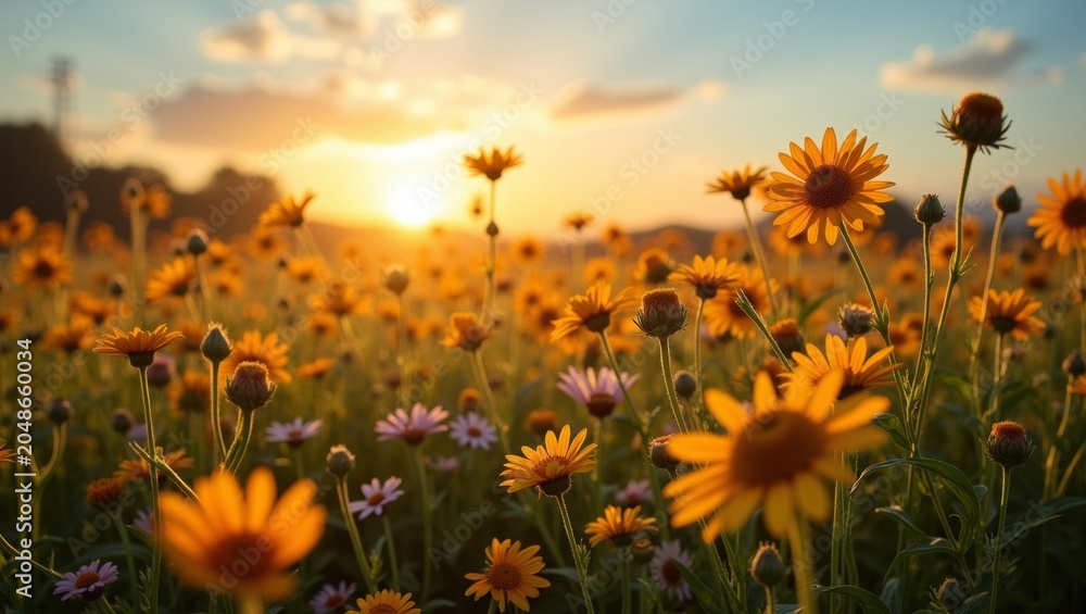 Fototapeta premium Vibrant field of yellow daisies and purple flowers under a sunset sky, with soft clouds and warm sunlight illuminating the landscape