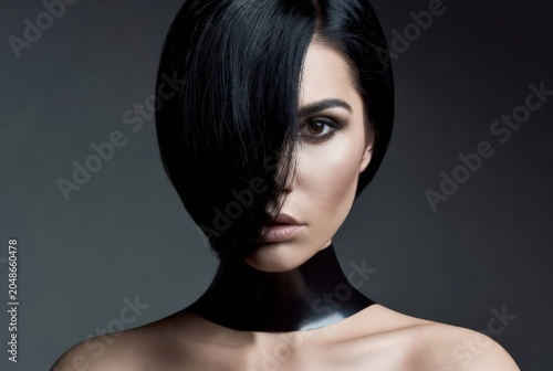 Moody Fashion Portrait Of A Woman With Short Black Hair, Glossy Neck Cuff And Mysterious Gaze