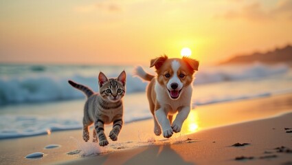 Dog and cat running together on a sandy beach at sunset, waves crashing in the background, vibrant colors illuminating the sky and water
